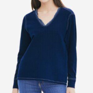 Giovanco Top Women's Size M (oversized) Soft Blue Denim Fringed Neckline V-Neck